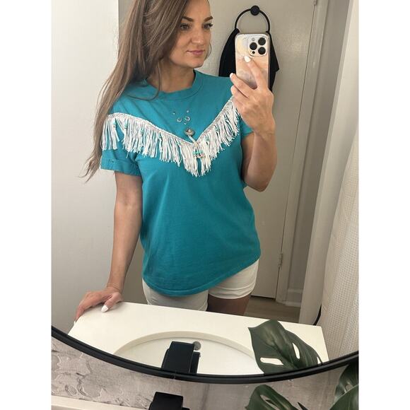 Vintage Western Turquoise Fringe Hazelwoods Size Medium T Shirt - Picture 8 of 13